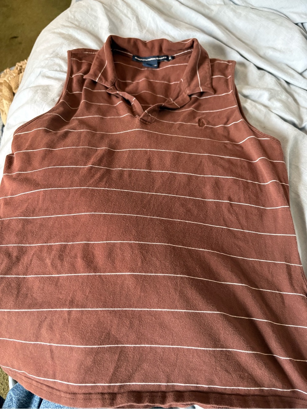 Ralph Lauren Sleeveless Polo in Rust with White Stripes